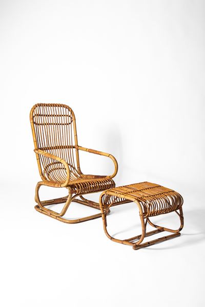 Poltrona con ottomana in bambù e midollino, circa 1950