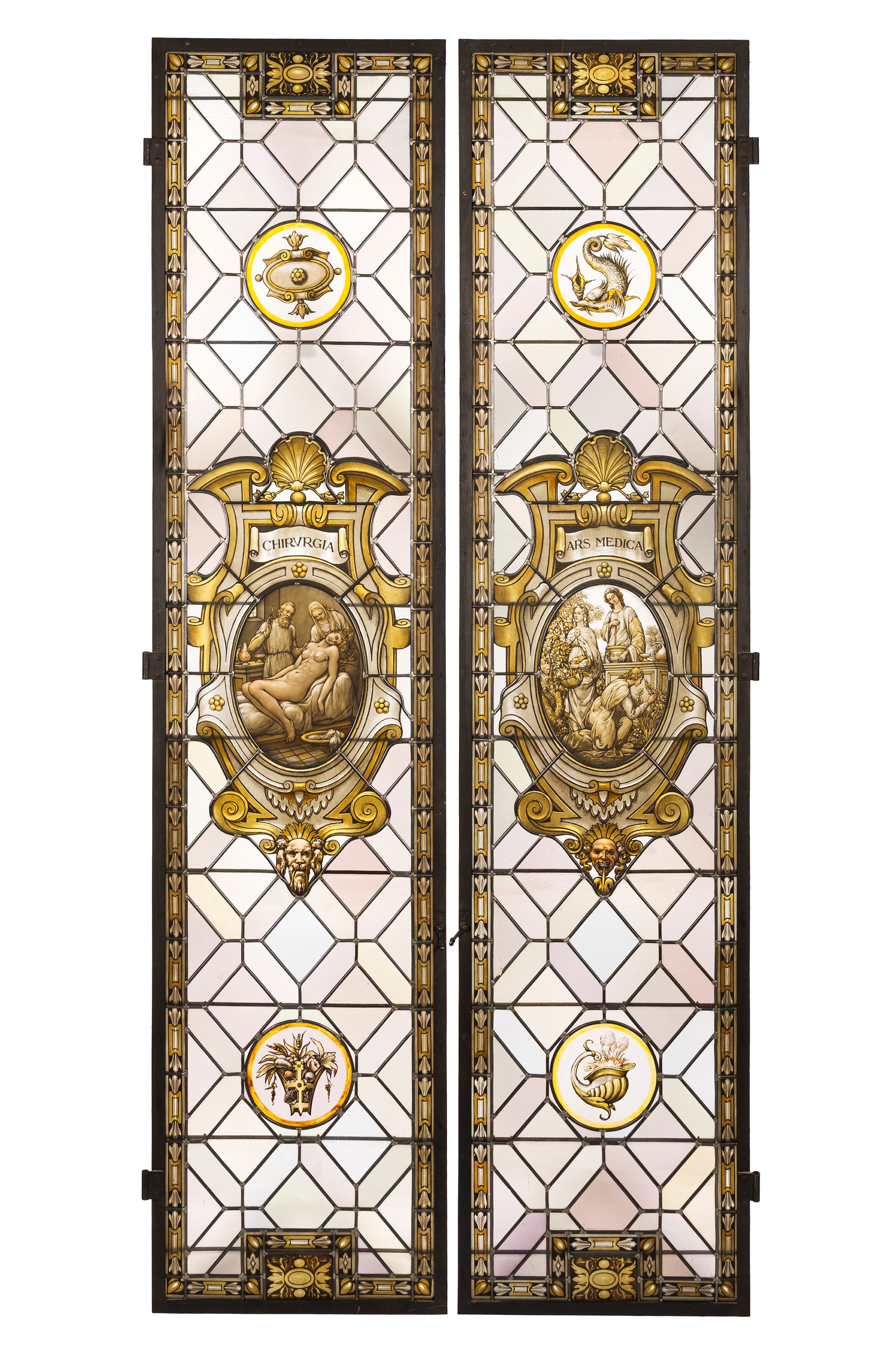 De Matteis (Firenze), Coppia di vetrate dipinte con Allegorie della Chirurgia e dell’Ars Medica, ...