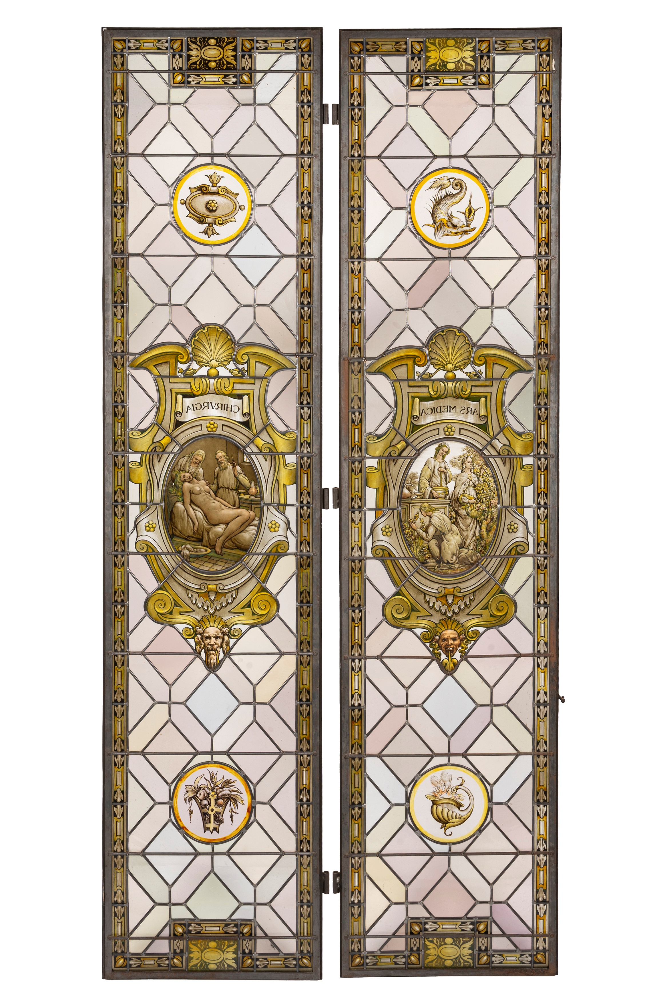 De Matteis (Firenze), Coppia di vetrate dipinte con Allegorie della Chirurgia e dell’Ars Medica, ...