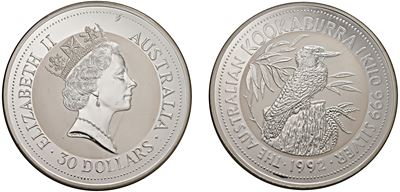 Elisabetta II, 30 Dollari “Kookaburra”, 1992, argento
