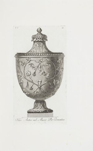 Suite di 72 tavole in rame di "bel disegno e buona esecuzione", che raffigurano i vasi esistenti nel museo Pio-Clementino e Chiaromonti al Vaticano. L'opera venne dedicata dall'autore. "architetto, incisor camerale", a Papa Pio VII. Graesse I,151;Cicognara 401.

Ritirato il 21/02/2017 Manuale di varj ornamenti [...] serie de' vasi antichi
