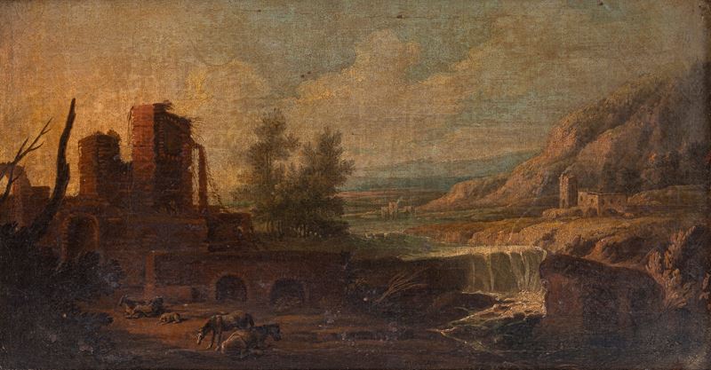 Scuola Dell'italia Centrale, Secolo XVII - Paesaggio con armenti, olio su tela