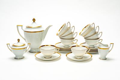 Servizio da tè, Royal Tettau Bavaria, porcellana bianca profilata in oro