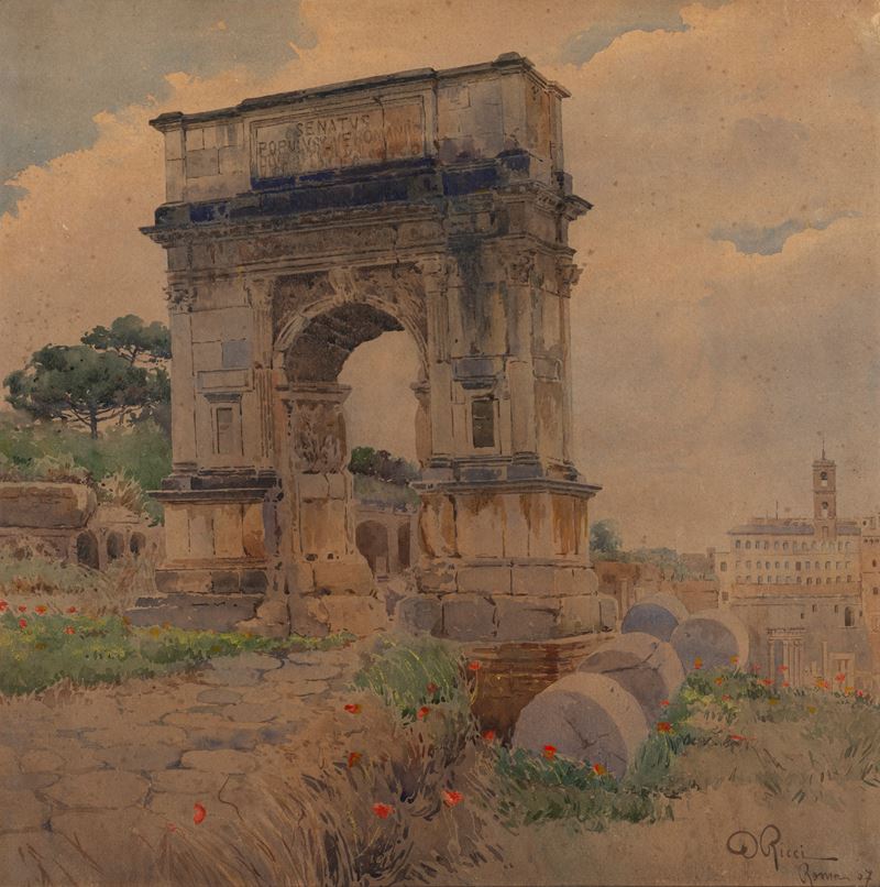 Dante Ricci - Roma, l’arco di Tito (acquerello su cartoncino riportato su cartone)