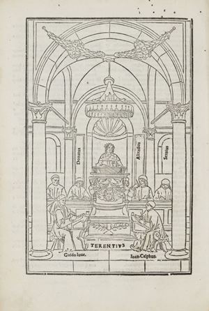 Il grande legno con Terenzio e le 49 vignette provengono dall'edizione del 5 luglio 1497. Sander 7217; Essling 877 Terentius cum quinque commentis: videlicet Donati: Guidonis: Calphur. Ascensij & Seruii