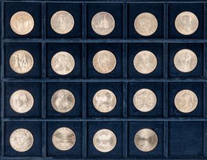 SECONDA REPUBBLICA (1945 - ) - Giro completo delle 19 monete da 25 schilling, 1955/1973, Vienna.