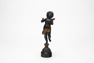 Scultura in bronzo patinato e dorato, raffigurante putto, XIX secolo