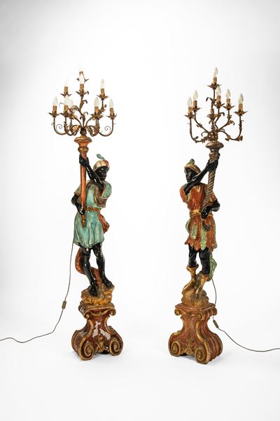 Due mori reggitorcia, in legno laccato, fine secolo XIX
