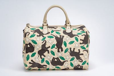 Borsa Boston, stampa elefanti su tela ecrù