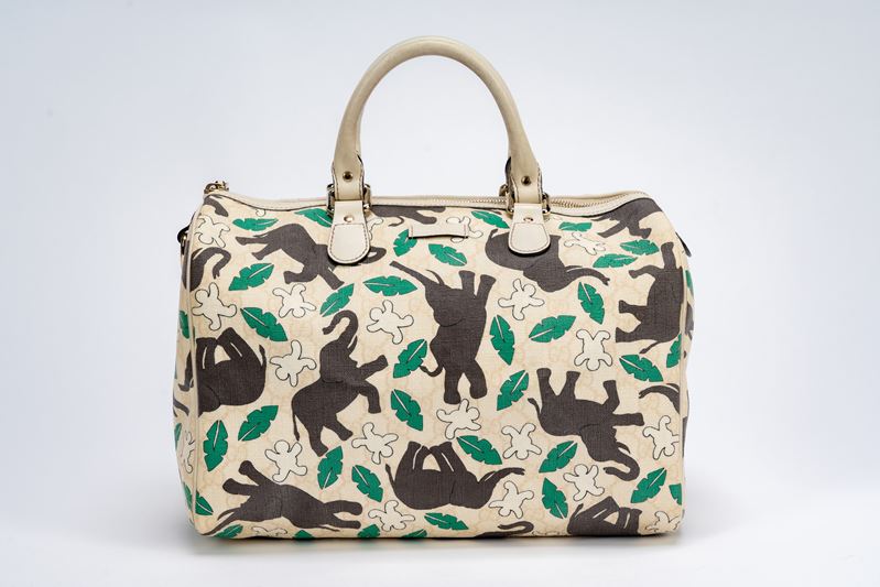 Gucci - Borsa Boston, stampa elefanti su tela ecrù