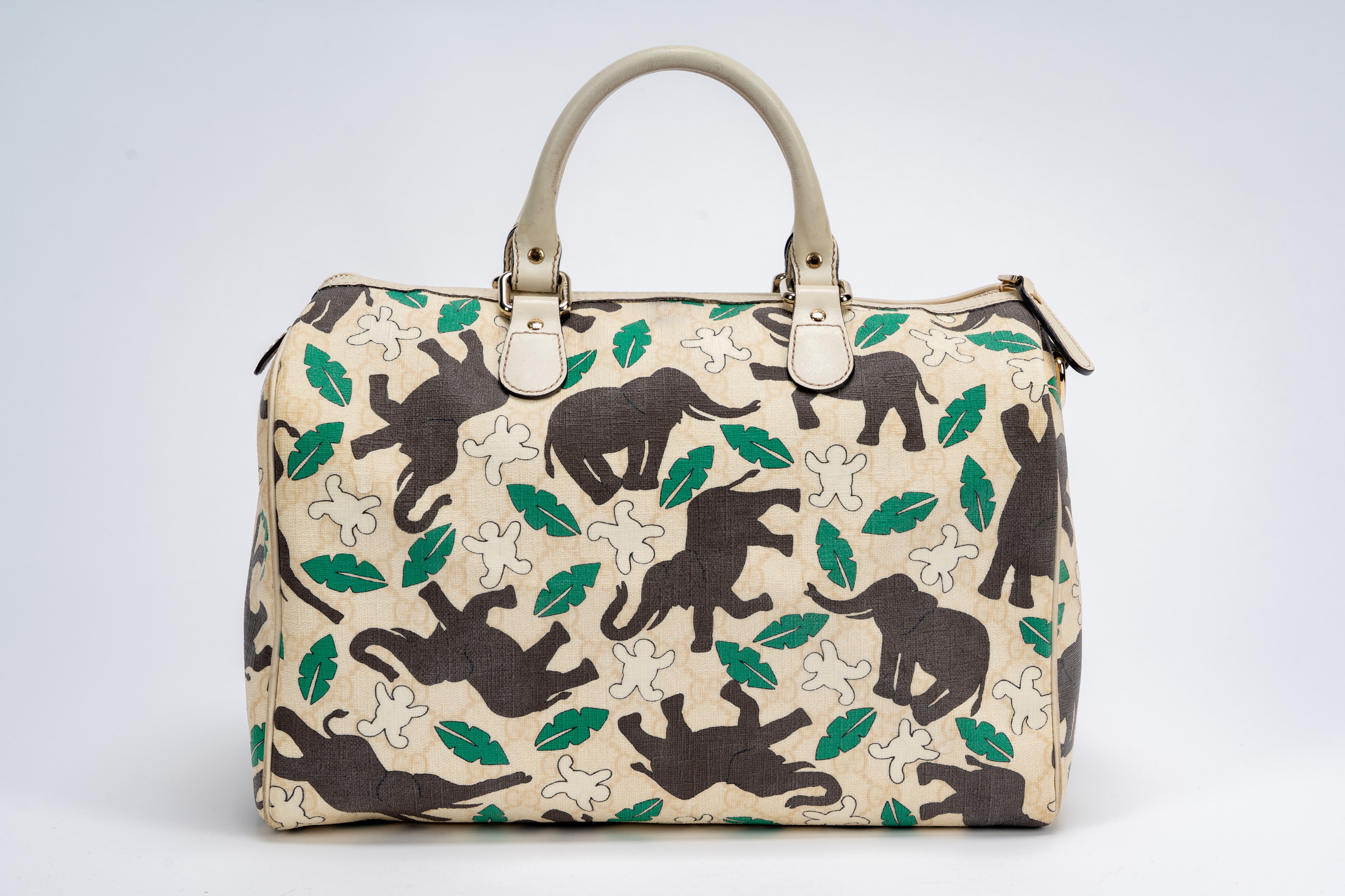 Gucci - Borsa Boston, stampa elefanti su tela ecrù