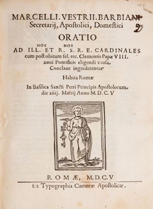 Interessante raccolta di opuscoli, operette e bandi di argomento legale, teologico, storico, varie orazioni ed esequie: sulle lettere apostoliche di Urbano VIII (1639), Concilio romano lateranense del 1725, calendario gregoriano (1725), orazione sulla Cattedra di San Pietro, discorso in onore di S. Ignazio di Loyola (1722), orazione per la fondazione di un collegio di maestre per le povere di Palermo (1723), esequie di Virginio Cesarini, Cristiano Lupi, Luisa Maria regina di Spagna. Tra le opere si segnalano: Marcello Vestri Barbiani. Oratio. Roma, Camera Apostolica, 1605, vignetta xilografica con S. Pietro al frontespizio; Settimio Boccamazza. De laudibus B. Franciscae Romanae. Roma, Zanetti, 1608, grande stemma calcografico al frontespizio e un tavola a piena pagina raffigurante la santa.
Lotto non passibile di restituzione. Miscellanea diversorum tomo VI