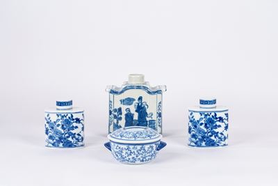 Set di fiasche e ciotola con coperchio, porcellana bianca e blu