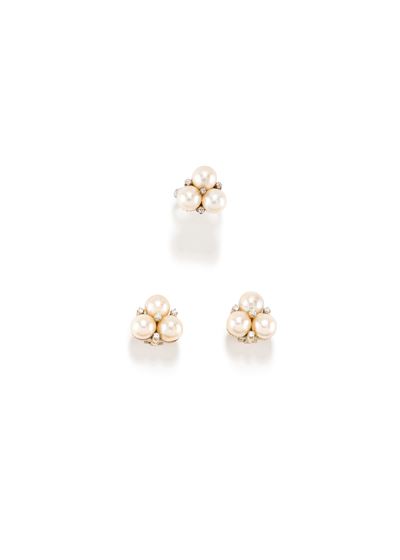 In oro bianco 18k, Demi parure con perle coltivate e piccoli diamanti