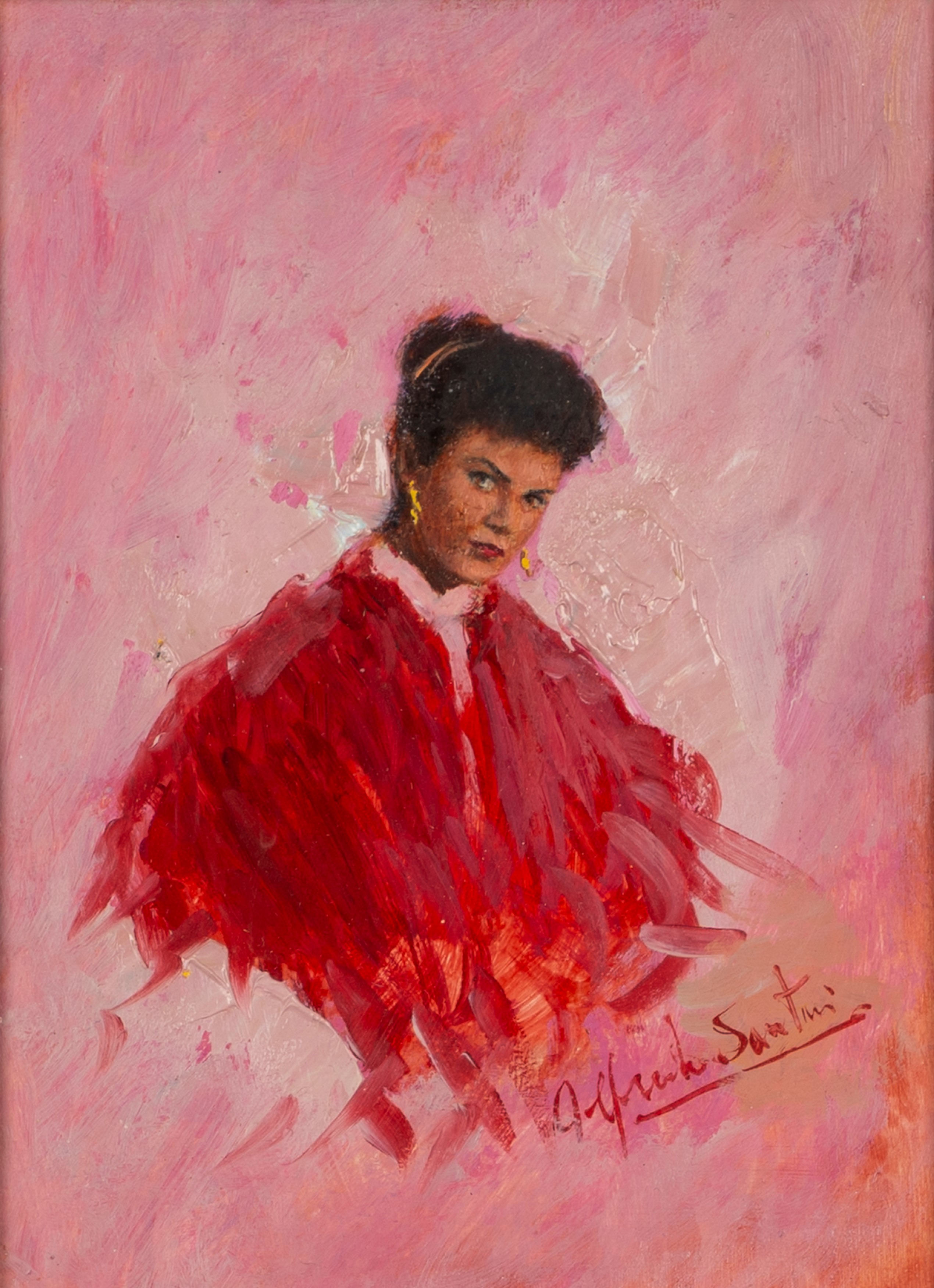 Alfredo Santini - Ritratto di donna in rosso, olio su compensato