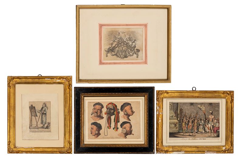 Incisioni, lotto di quattro opere su carta (inc. di epoche diverse), varie misure
