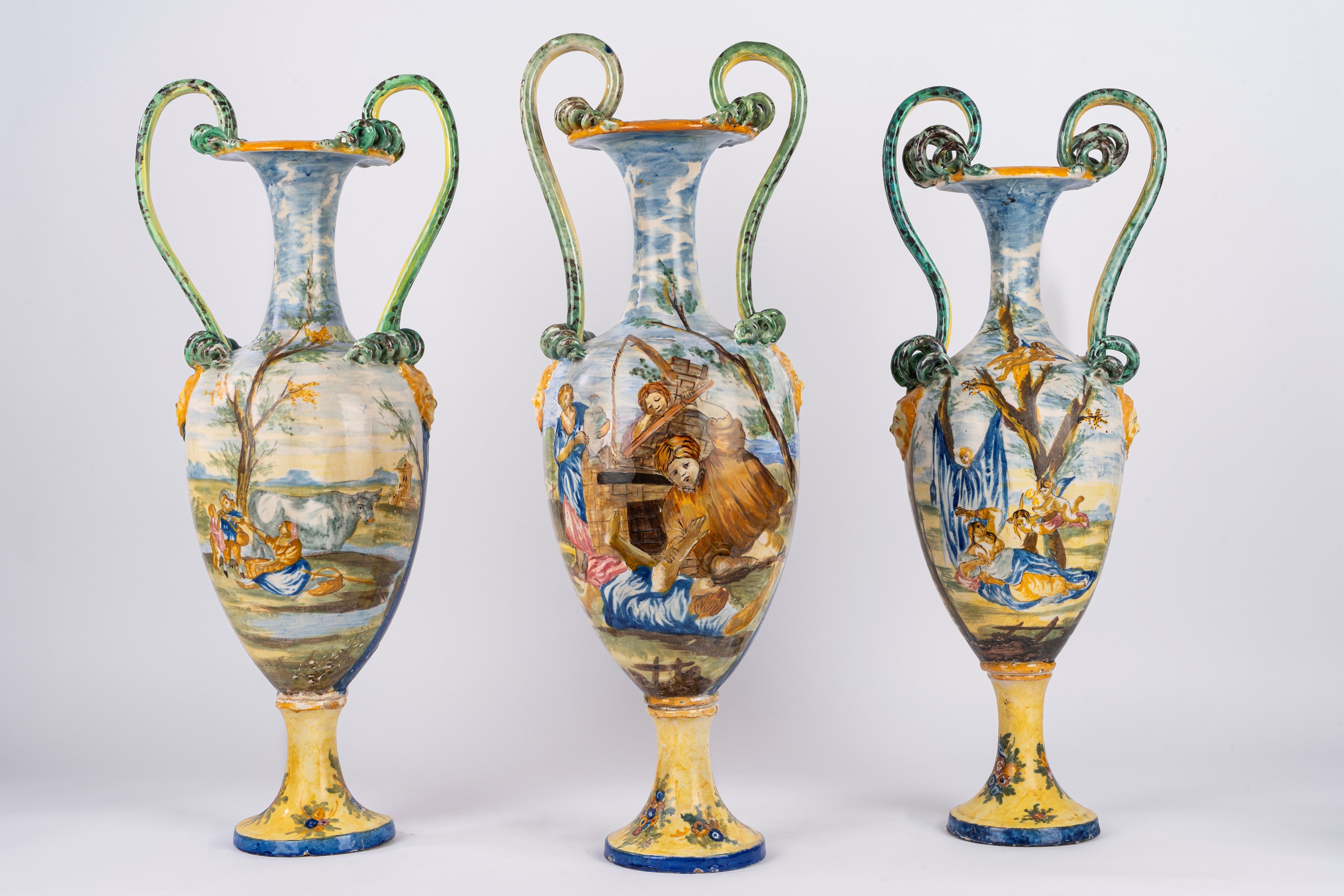 Vasi biansati, maiolica policroma istoriata con scene mitologiche, tre esemplari