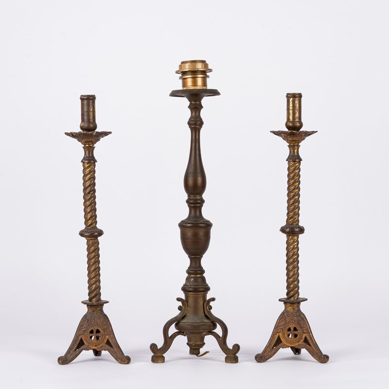 Tre torcieri in ottone, secolo XIX
