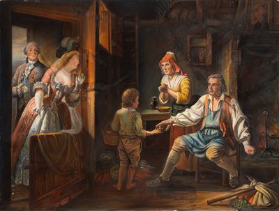 Luigi XVII e Maria Antonietta fanno la carità a una famiglia di contadini, pastello su cartoncino...