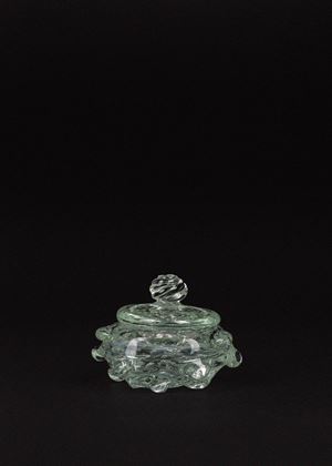Scatola in vetro di Murano "a Mugnoni" con coperchio, probabilmente Ercole Barovier, anni '50 del Novecento