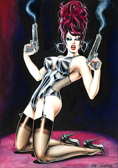 Magenta with Two Guns (tecnica mista su cartoncino)