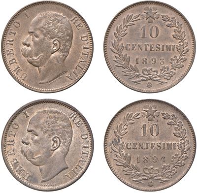 Umberto I, Lotto di due monete da 10 centesimi 1893 e 1894 (Birmingham), rame