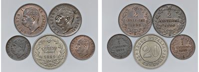 UMBERTO I, Lotto di cinque monete in vari metalli (date e zecche differenti)