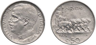 VITTORIO EMANUELE III, 50 centesimi “Leoni” 1924