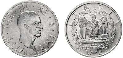 VITTORIO EMANUELE III, 2 Lire 1936 “Impero” – Nichelio, Roma
