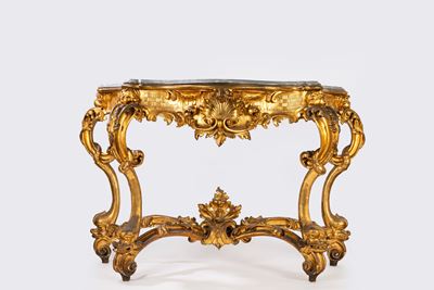 Console in stile rococò con piano in marmo grigio e corpo a forma di delfino, fine secolo XIX