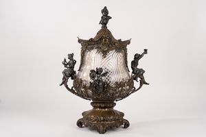 Grande vaso in cristallo, antimonio e ottone, secolo XIX