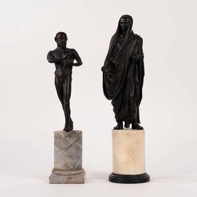 Bronzetti, Figura di satiro e figura virile velata, scultura in bronzo su base in marmo