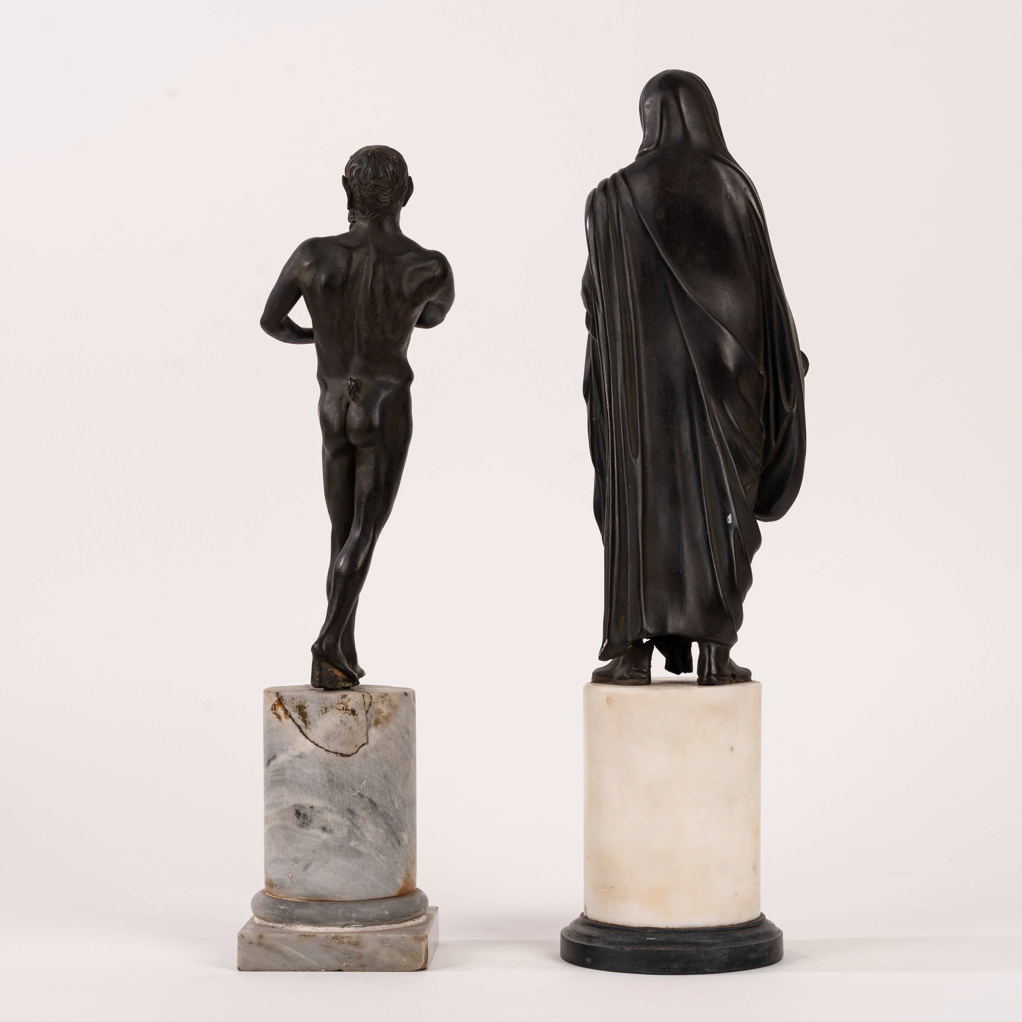 Bronzetti, Figura di satiro e figura virile velata, scultura in bronzo su base in marmo