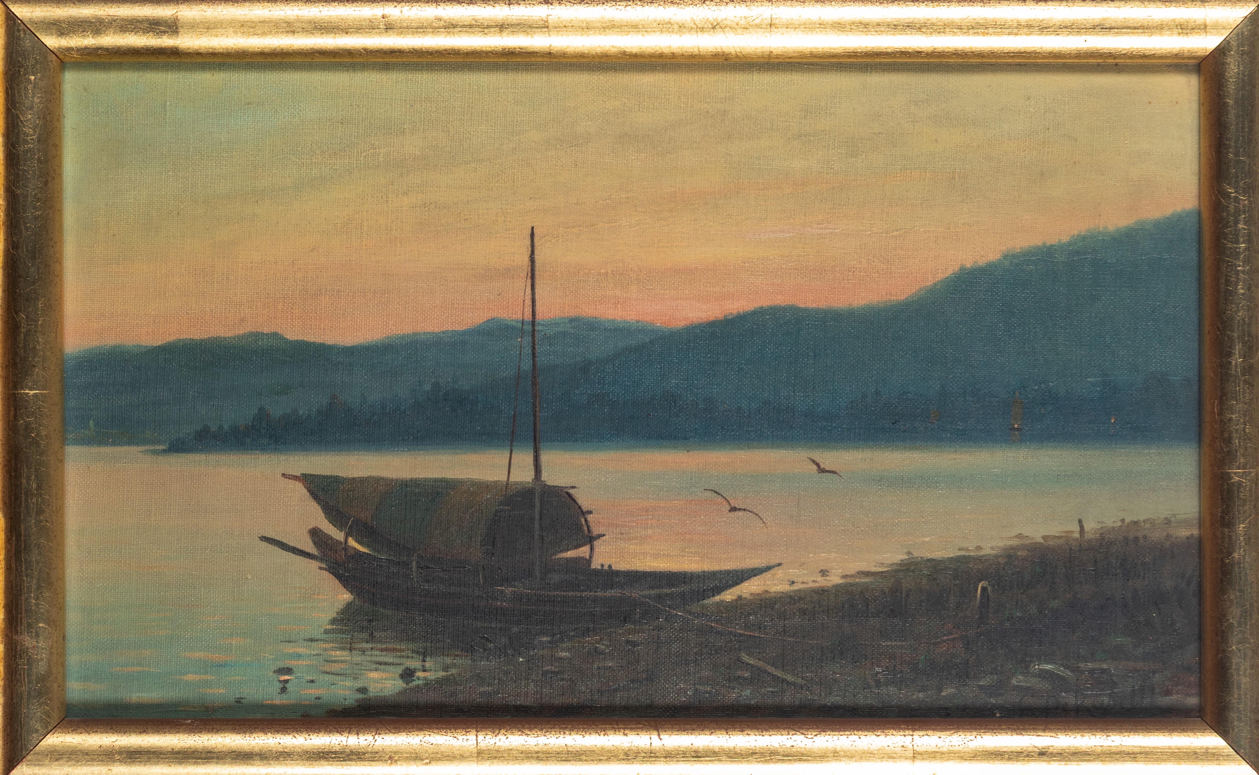 Giuseppe De Rubelli - Barca al tramonto, olio su tela