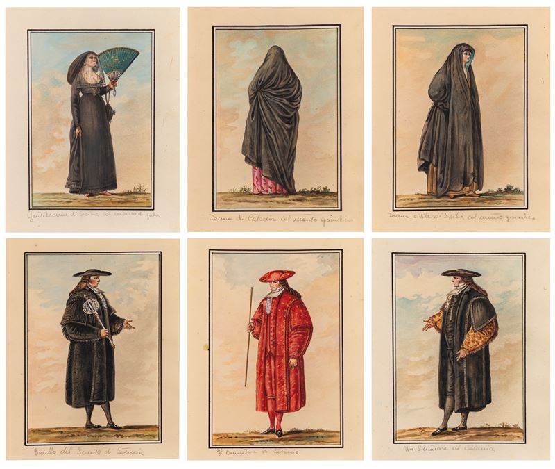 Scuola Siciliana, Fine XVIII - Inizi XIX Secolo - Costumi siciliani, serie di diciotto acquerelli...
