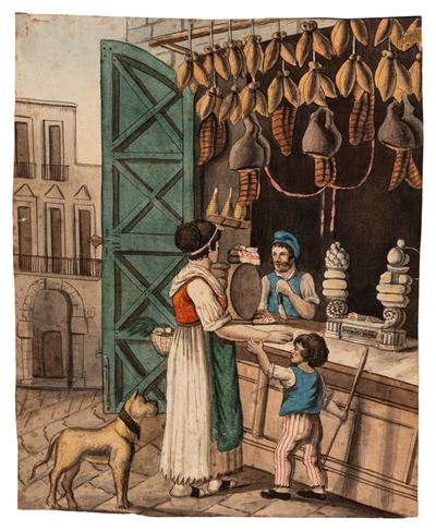 La bottega dei salumi, acquerello su cartoncino (senza cornice)