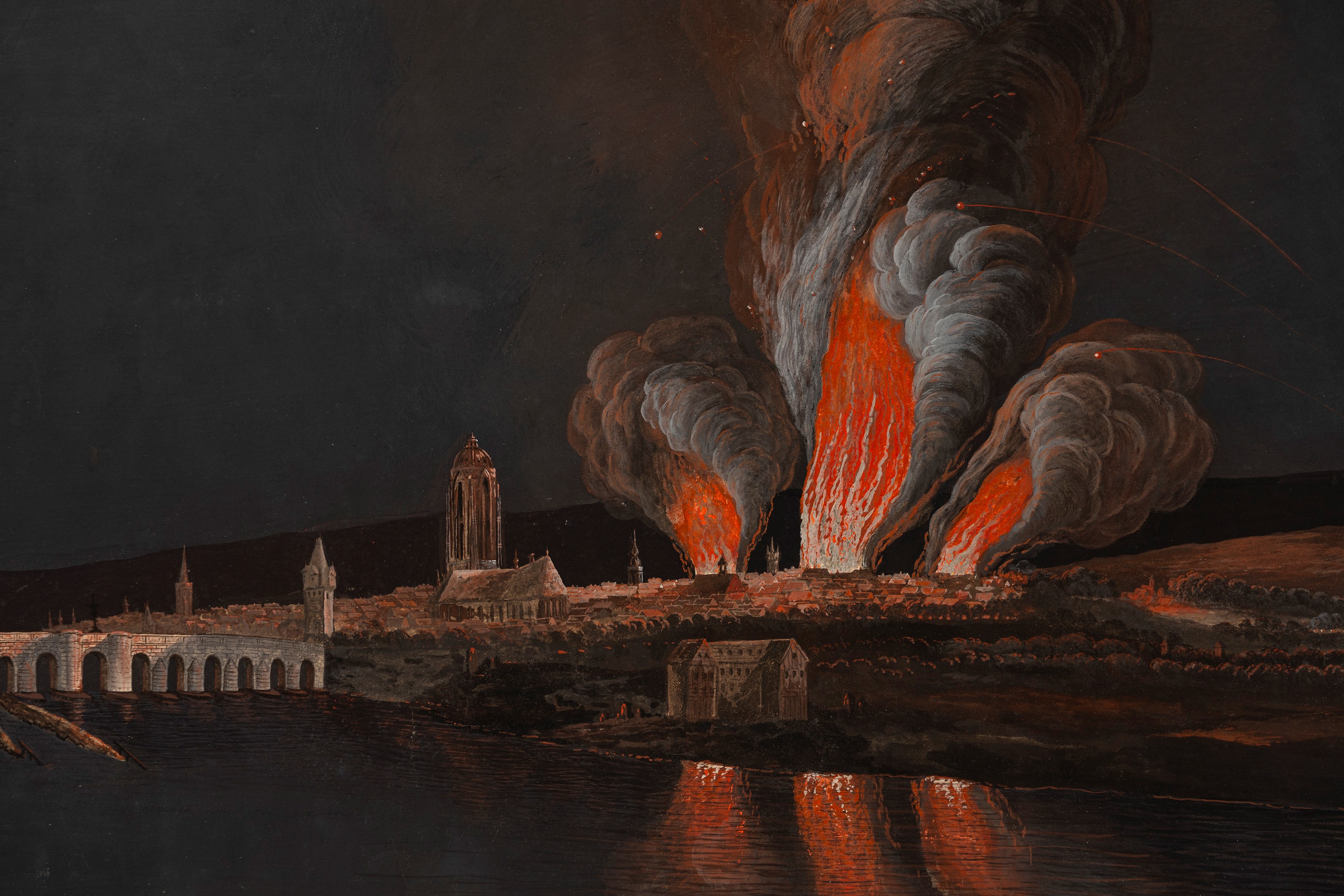 Scuola Europea, Secolo XIX - L'incendio di Francoforte, gouache su cartoncino (senza cornice)