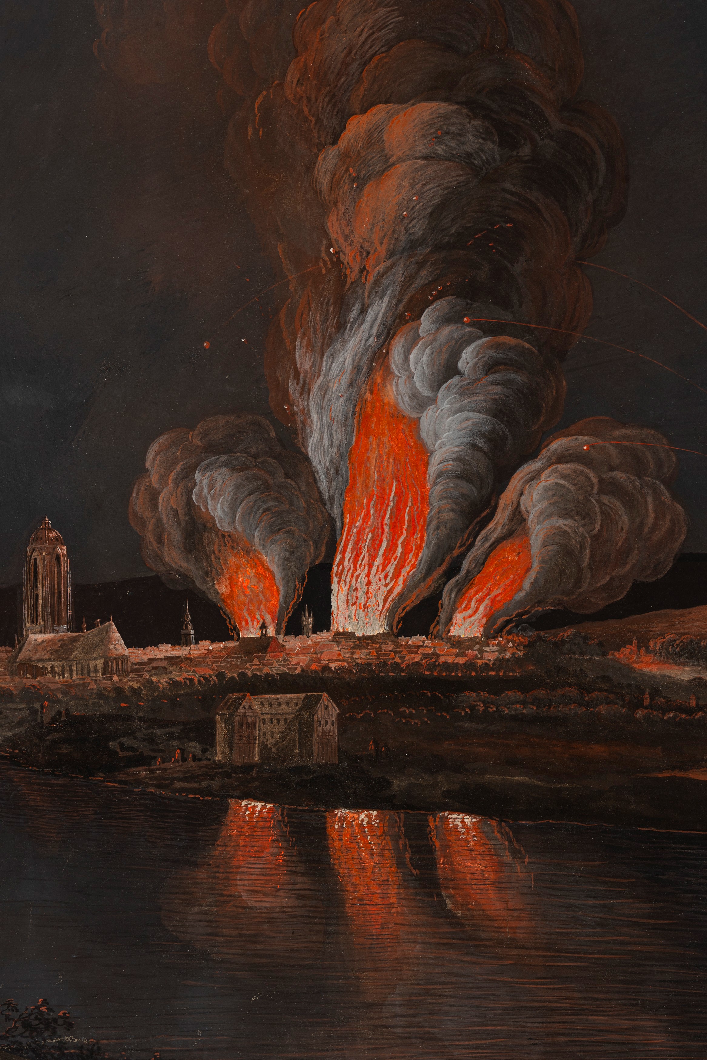 Scuola Europea, Secolo XIX - L'incendio di Francoforte, gouache su cartoncino (senza cornice)