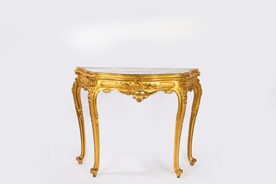Console in stile rococò, legno intagliato e dorato con piano in marmo verde incassato