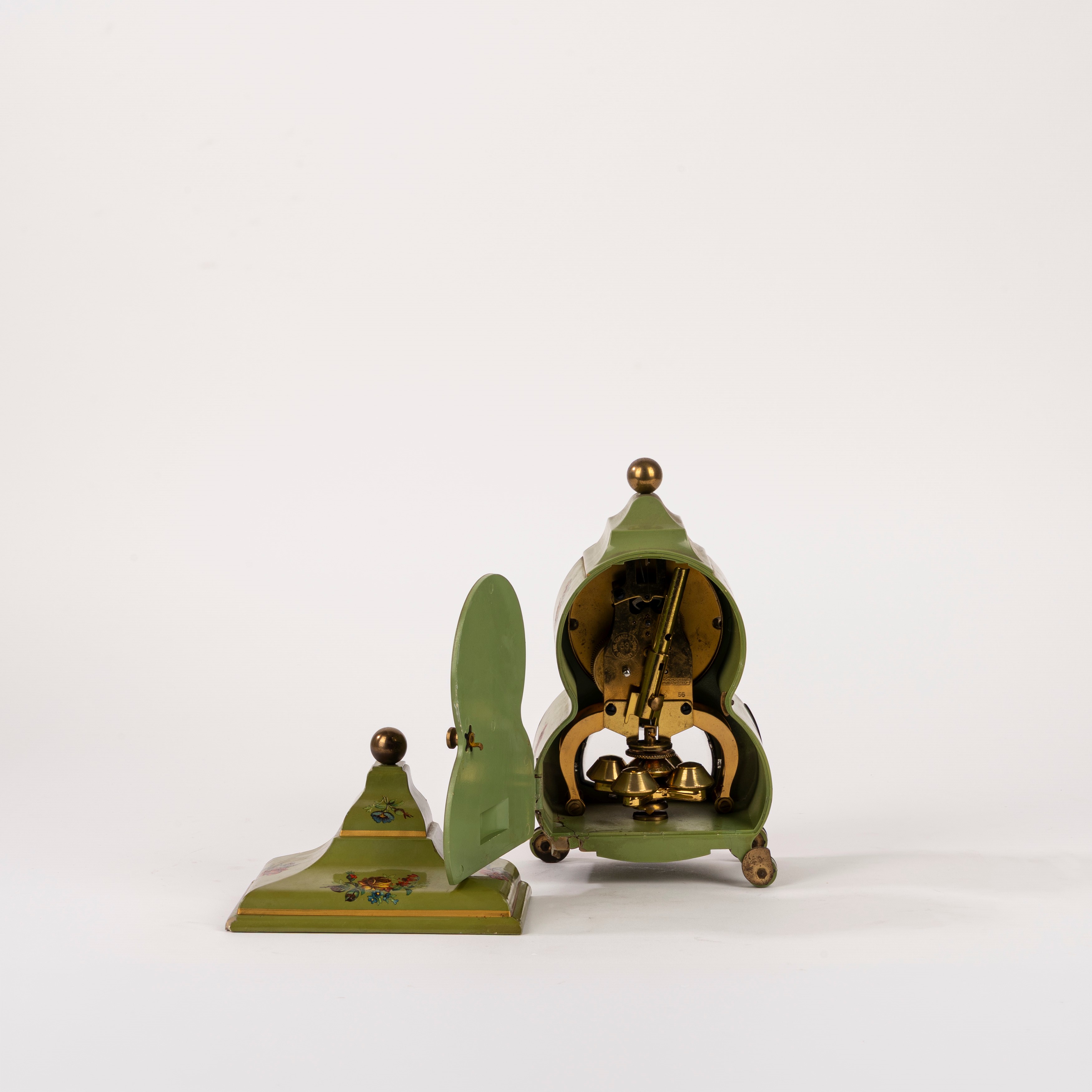 Pendola in bachelite verde, decorazione floreale, piccola