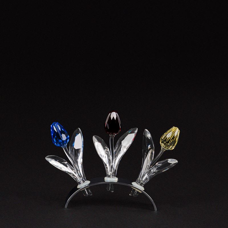 Swarovski - Tris di tulipani in cristallo (Tulipano blu, Tulipano rosso, Tulipano giallo) con sup...