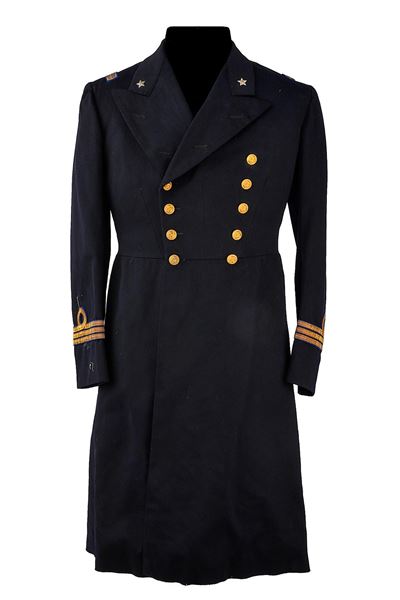 Redingote da tenente di vascello della Regia Marina, panno blu con stellette e galloni