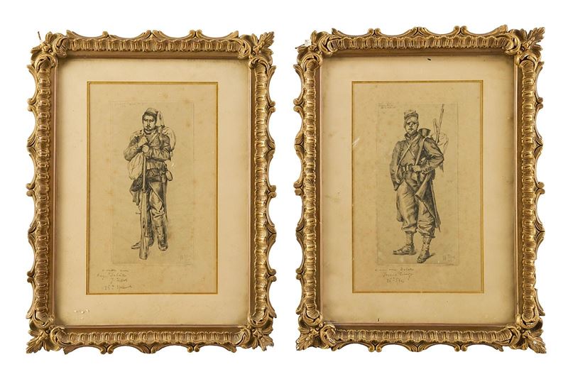 Due carboncini con figure di soldati, fine XIX secolo