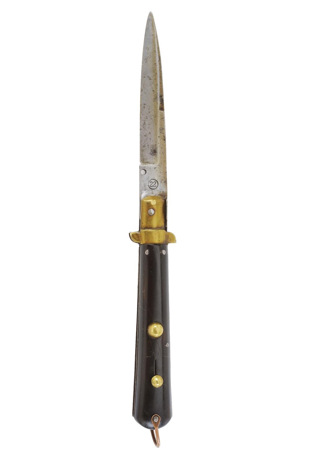 Coltello a scatto con lama pieghevole a filo e controfilo, ghiera in ottone