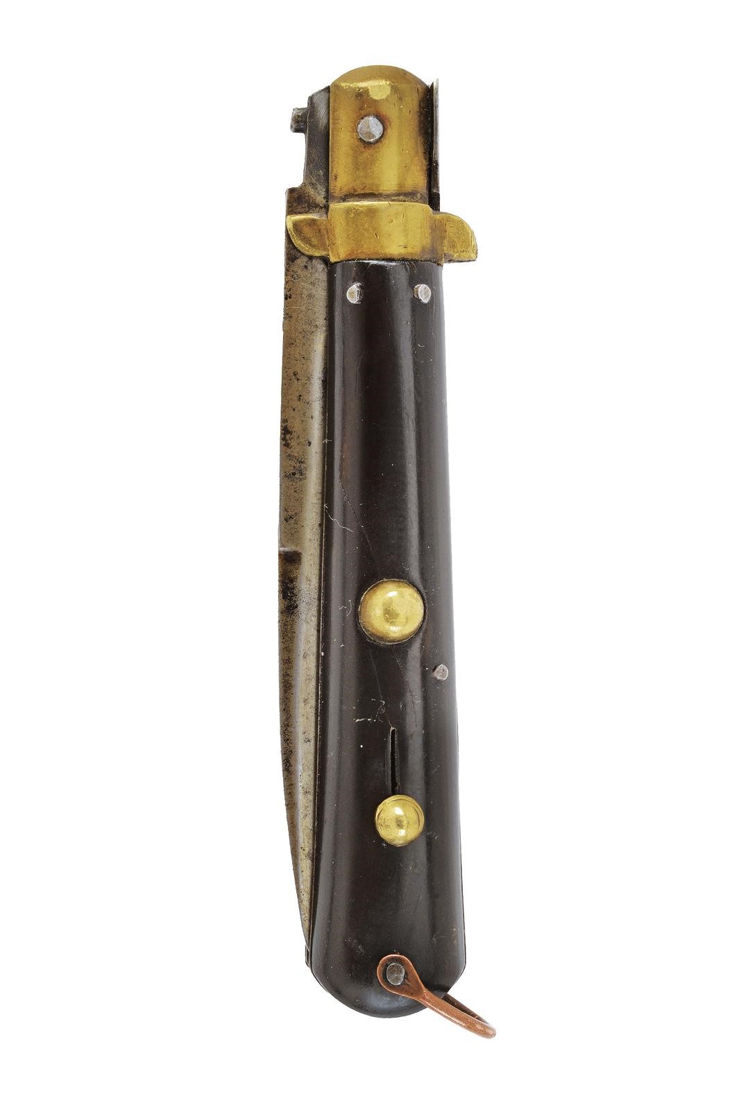 Coltello a scatto con lama pieghevole a filo e controfilo, ghiera in ottone