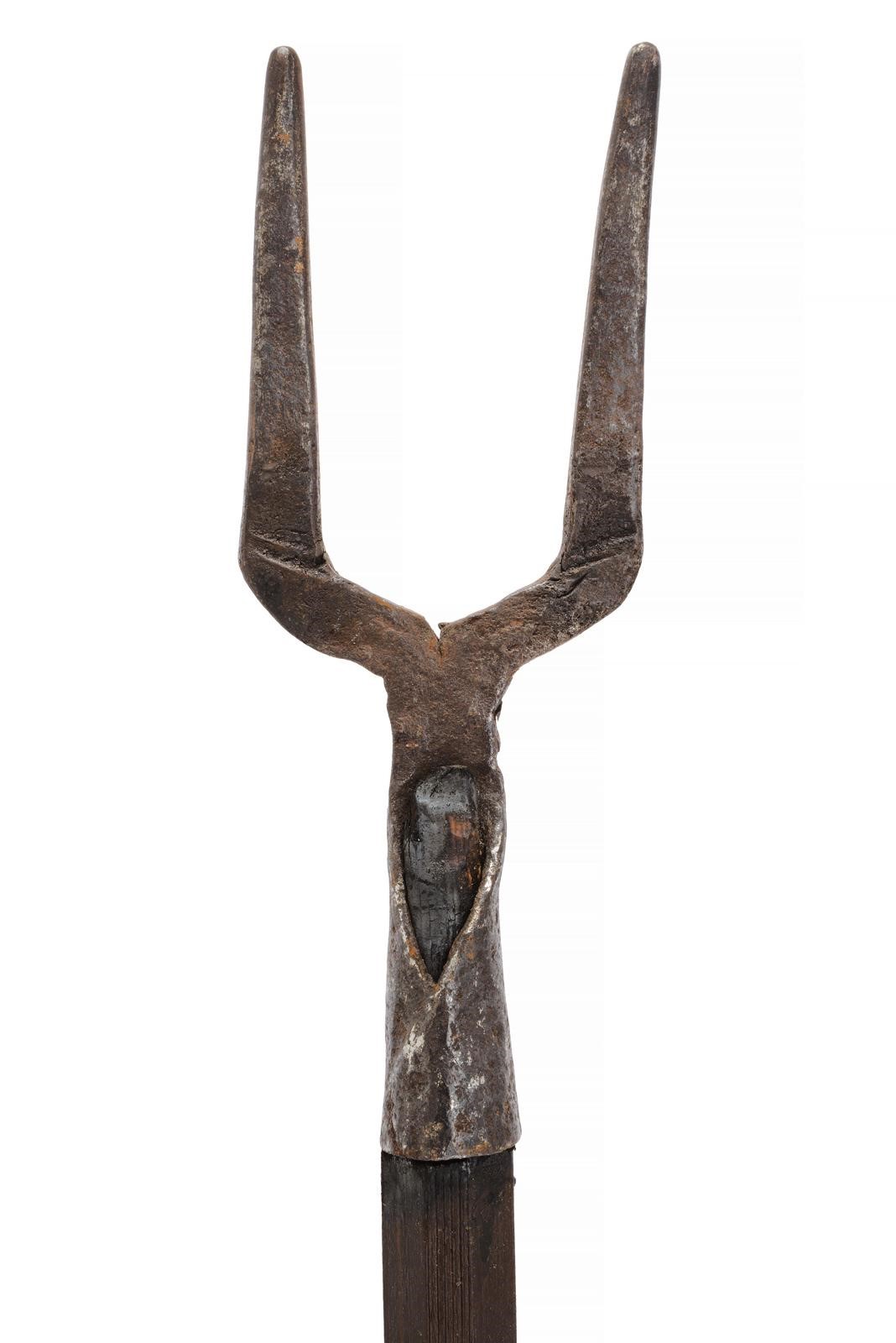 Lotto di tre forche agricole con teste in ferro, Europa (altezza 216–222 cm)