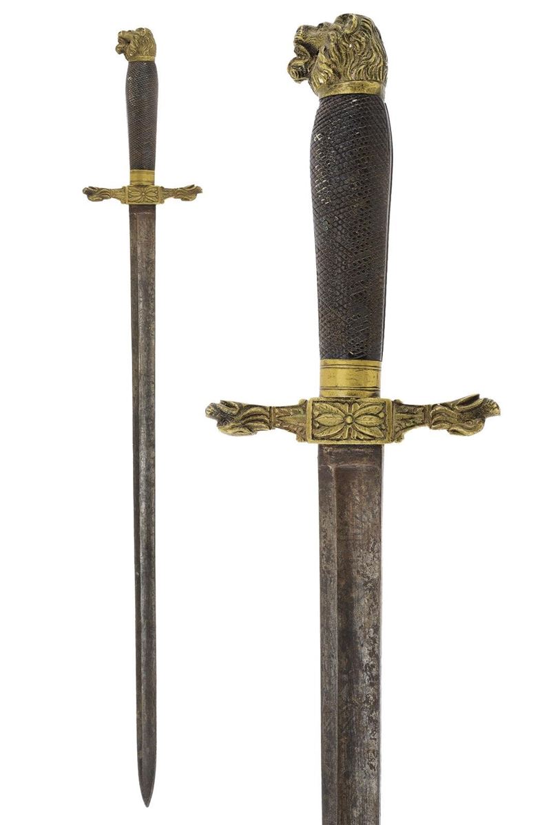 Militaria, Paloscio da caccia con lama dritta a un filo e fornimento in ottone decorato
