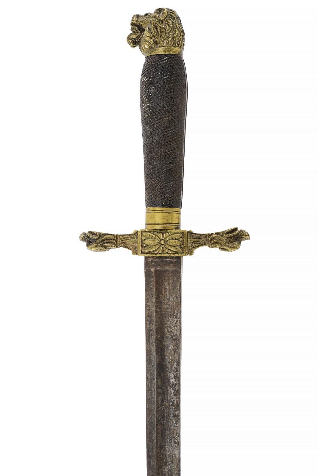 Militaria, Paloscio da caccia con lama dritta a un filo e fornimento in ottone decorato