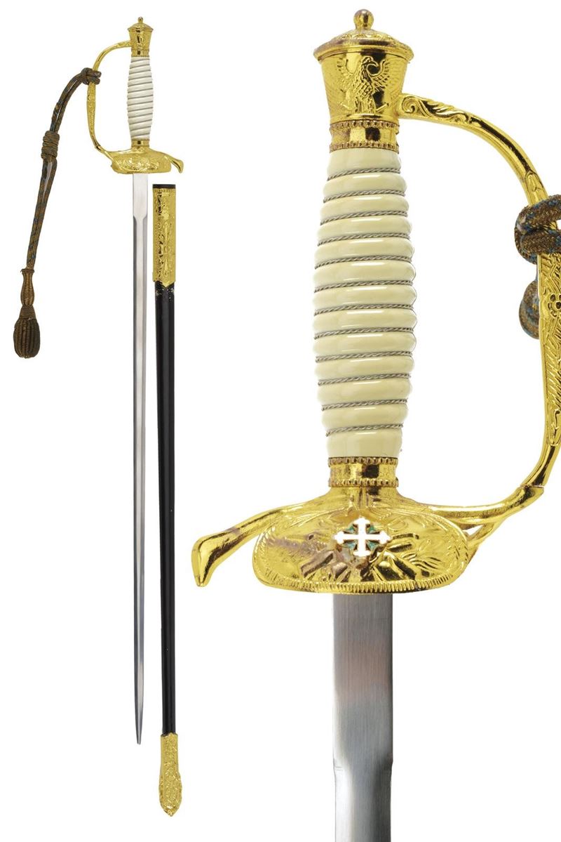 Replica moderna di spadino cerimoniale, lama in metallo dorato