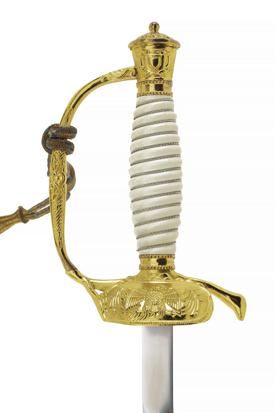Replica moderna di spadino cerimoniale, lama in metallo dorato